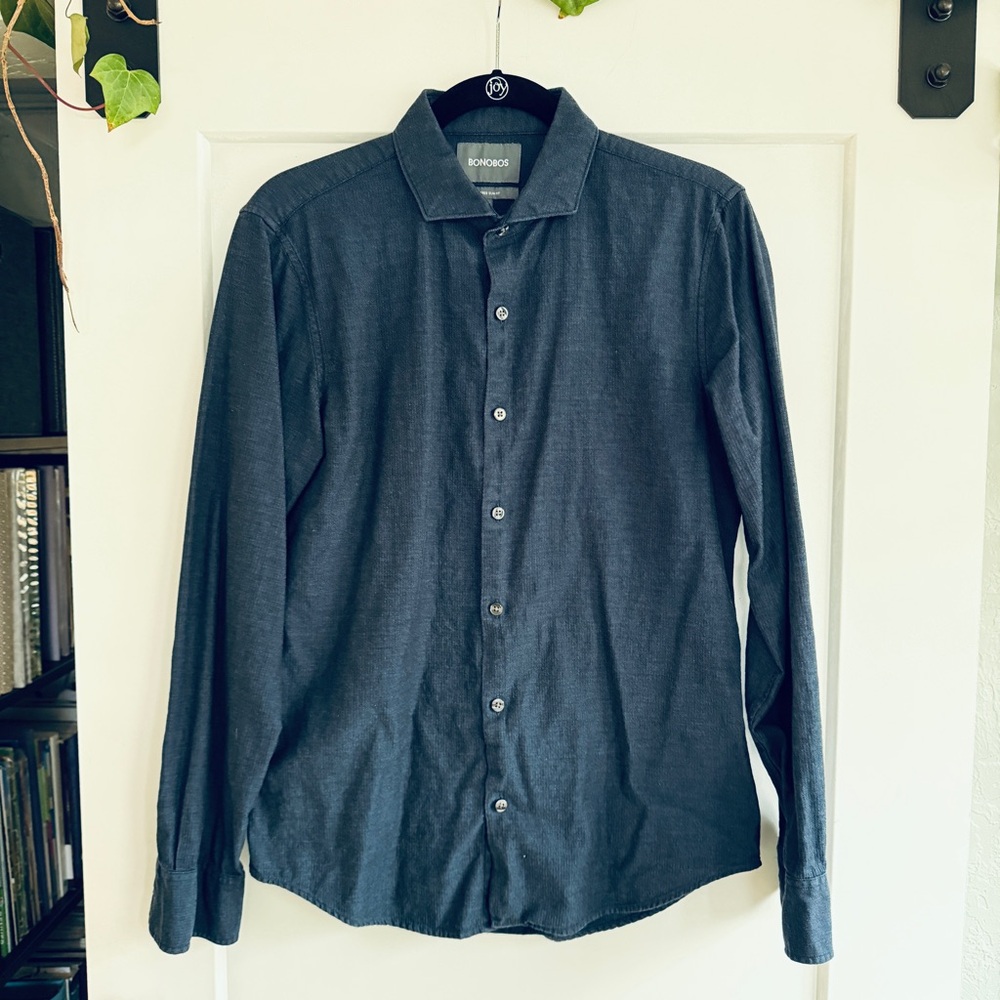 Bonobos tailored slim fit navy blue casual button down shirt